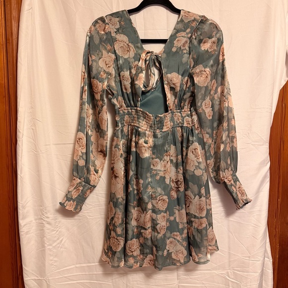 Altar'd State Floral Long Sleeve Dress in Teal and Cream - Picture 5 of 6